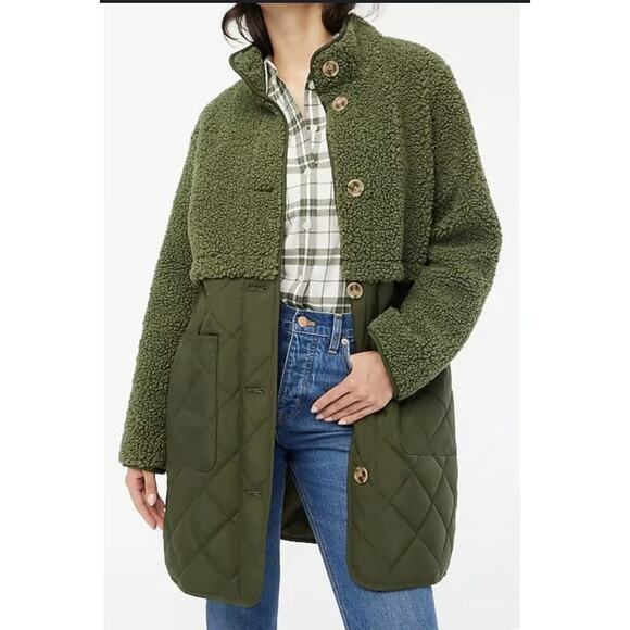 NWT J.Crew Mixed Media Sherpa Coat Jacket in Distressed Fatigue Olive Green XXL - Picture 1 of 9